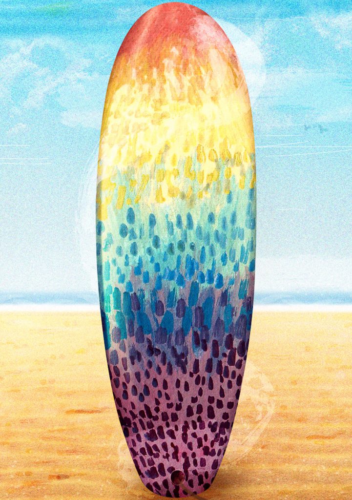 Surfboard illustration, showing a board on the beach, with a pattern.