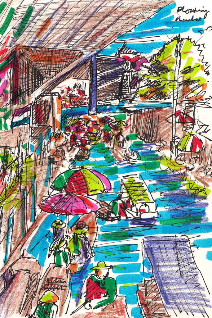 Floating market drawing in Thailand